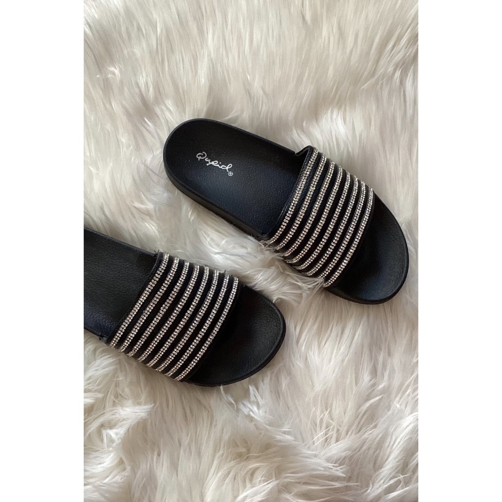 Qupid Black Rhinestone Slide Sandals | Comfy Sparkly Slip On Flat - Picture 5 of 7